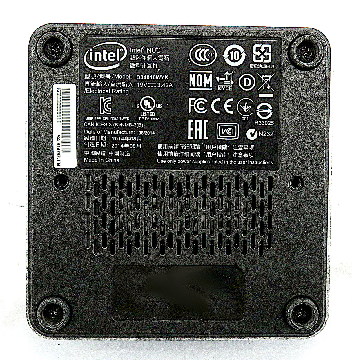 Intel D34010WYK NUC PC, Core i3 4th Gen, 8GB RAM 120GB mSATA SSD WiFi+BT