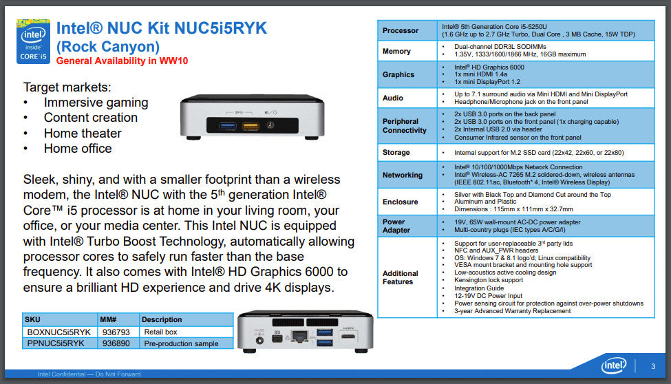 Intel 5th Gen NUC PC NUC5i3RYK: i3-5010U 8GB RAM 256GB NVMe SSD WiFi+BT